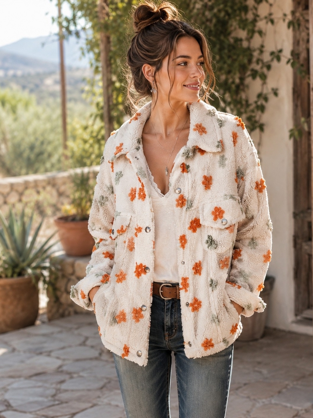 POL Cream Floral Sherpa Jacket Orange Flower Print Oversized Boho Shacket M